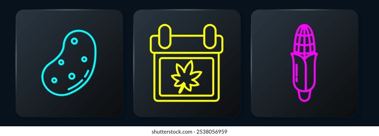 Set line Potato, Corn and Calendar with autumn leaves. Black square button. Vector