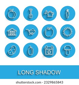 Set line Potato, Plum fruit, Peach, Calendar with autumn leaves, Mushroom, Wheelbarrow dirt, Sun and Apple icon. Vector