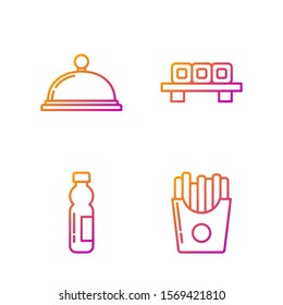 Set line Potatoes french fries in carton package box, Bottle of water, Covered with a tray of food and Sushi on cutting board. Gradient color icons. Vector