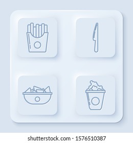 Set line Potatoes french fries in carton package box, Knife, Nachos in plate and Popcorn in cardboard box. White square button. Vector
