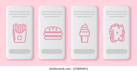 Set line Potatoes french fries in carton package box, Burger, Ice cream in waffle cone and Sandwich. White rectangle button. Vector