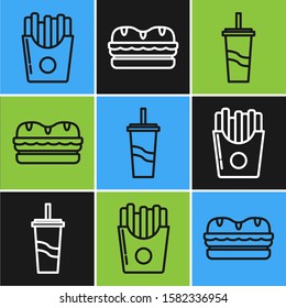 Set line Potatoes french fries in carton package box, Paper glass with drinking straw and water and Sandwich icon. Vector