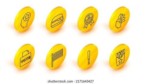 Set line Potatoes french fries in box, Baseball bat, American flag, Vote, Native Indian, Medal with star, Burger and USA Head icon. Vector