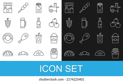 Set line Potatoes french fries in box, Popcorn, Apple, Doner kebab, Thermos container, Grilled shish, Street stall with awning and Bottle of water icon. Vector