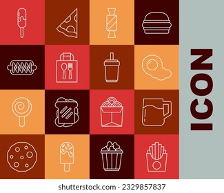 Ponga en línea papas fritas en caja, tazas de cerveza de madera, huevos revueltos, caramelos, entrega en línea, sandwich Hotdog, helado y vidrio de papel con icono de paja. Vector