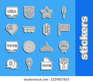 Set line Potatoes french fries in box, Medal with star, American flag, USA Independence day, Carnival garland flags,  and Hotdog sandwich icon. Vector