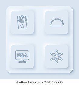 Set line Potatoes french fries in box, Taco with tortilla, USA Independence day and Hexagram sheriff. White square button. Vector