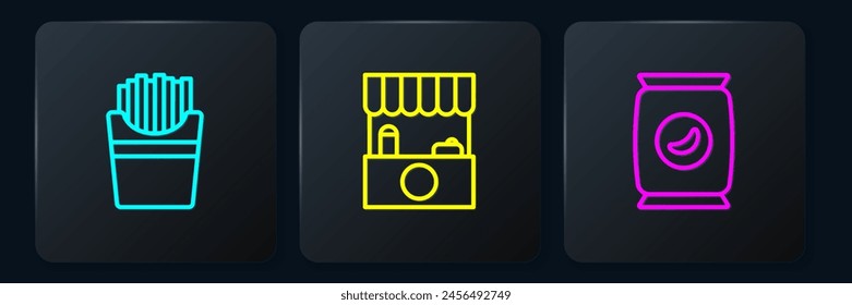 Set line Potatoes french fries in box, Bag or packet potato chips and Street stall with awning. Black square button. Vector