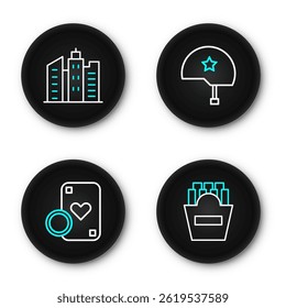 Set line Potatoes french fries in box, Casino chip and playing cards, Military helmet and City landscape icon. Vector