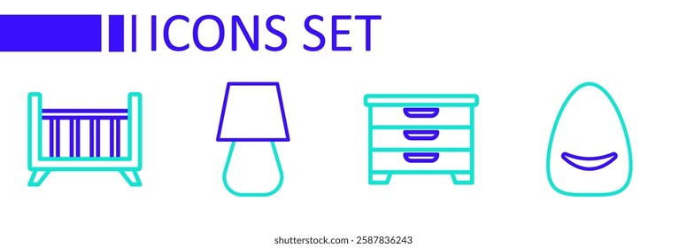 Set line Pouf, Chest of drawers, Table lamp and Baby crib cradle bed icon. Vector