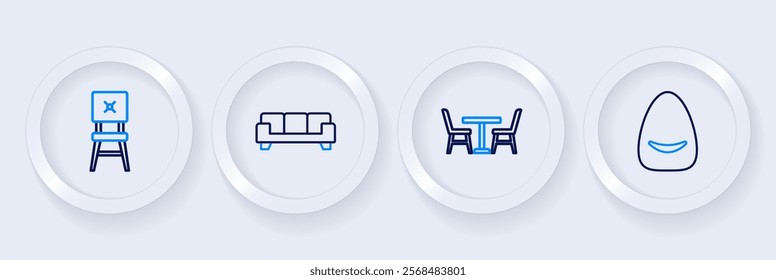 Set line Pouf, Table with chair, Sofa and Chair icon. Vector