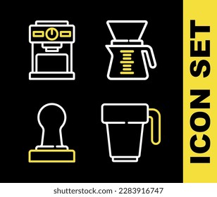 Set line Pour over coffee maker, Coffee cup, tamper and machine icon. Vector