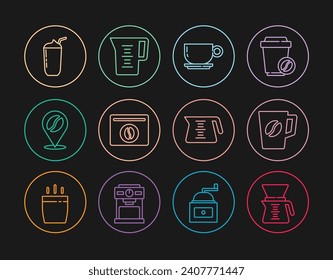 Set line Pour over coffee maker, Coffee cup, Bag beans, Location with, Milkshake, pot and Jug glass water icon. Vector
