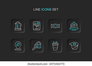 Set line Pour over coffee maker, Coffee cup to go, Spatula with grain, Location bean, Piece cake, Candy, machine and Electric kettle icon. Vector