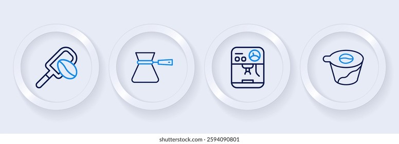 Set line Pour over coffee maker, Coffee machine, turk and Spatula with grain icon. Vector