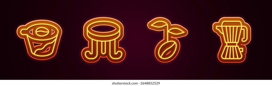 Set line Pour over coffee maker, Coffee table, beans and moca pot. Glowing neon icon. Vector