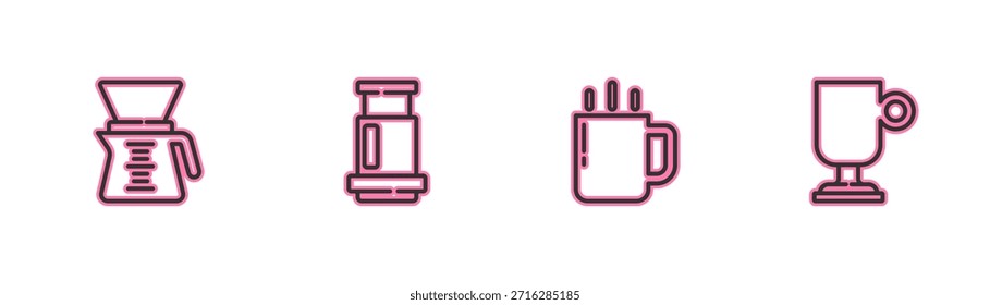 Set line Pour over coffee maker, Coffee cup, Aeropress and Irish icon. Vector