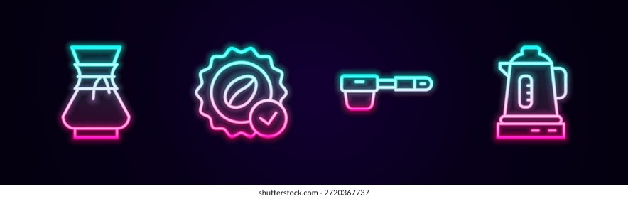 Vierta sobre la cafetera, Medalla para, Portavasos para Filtrar de café y Hervidor eléctrico. Icono de neón brillante. Vector