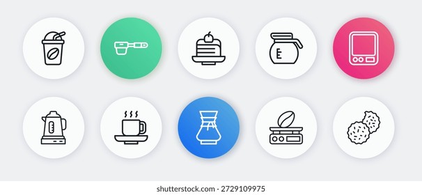 Set line Pour sobre cafeteira, Balanças eletrônicas, Chaleira elétrica, cafeteira, bolo de peças, Cookie ou biscoito e ícone da xícara. Vetor