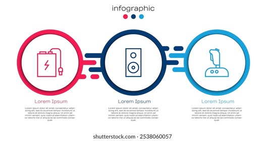 Set line Banco de energía con cable de Recargo, altavoz estéreo y joystick para máquina arcade. Plantilla de infografía de negocios. Vector