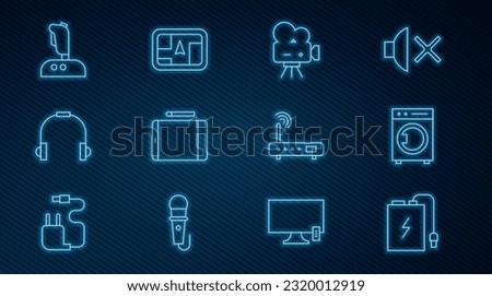 Set line Power bank with charge cable, Washer, Retro cinema camera, Graphic tablet, Headphones, Joystick for arcade machine, Router and wi-fi signal and Gps device map icon. Vector