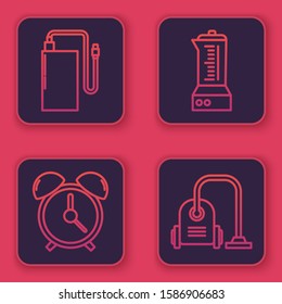 Set line Power bank with different charge cable , Alarm clock , Blender  and Vacuum cleaner . Blue square button. Vector