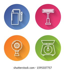 Set line Power bank with different charge cable , Electric heater , Web camera  and Scales . Color circle button. Vector
