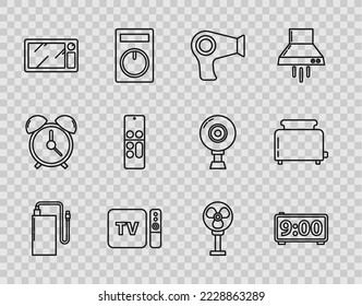 Set line Power bank with different charge cable, Digital alarm clock, Hair dryer, TV box receiver and player remote controller, Microwave oven, Remote, Electric fan and Toaster toasts icon. Vector