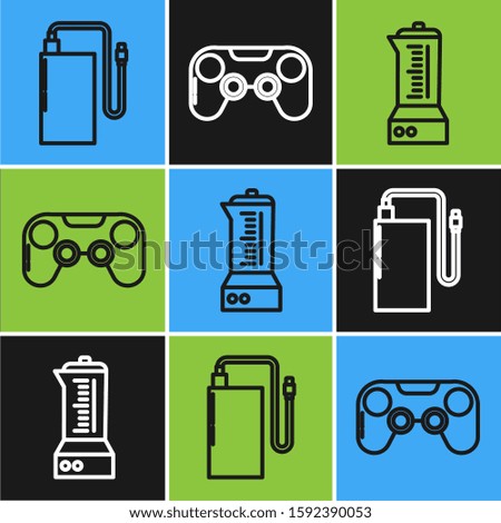 Set line Power bank with different charge cable , Blender  and Gamepad  icon. Vector
