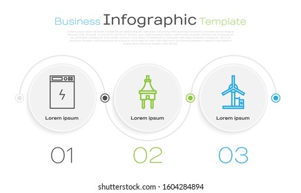 Set line Power bank, Electric plug and Wind turbine. Business infographic template. Vector