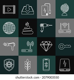 Ajuste la línea Power Bank, Key, Router and wi-fi, Shit, Earth globe, Play Video and Drill machine icon. Vector