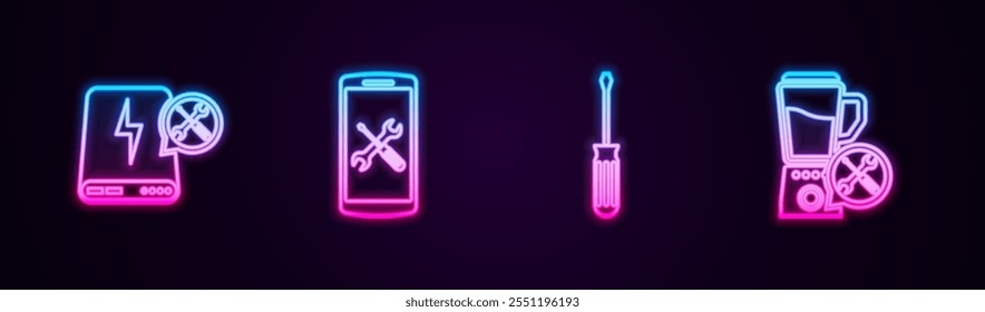 Set Line Power Bank Service, Smartphone, Schraubendreher und Blender. Leuchtendes Neonsymbol. Vektorgrafik