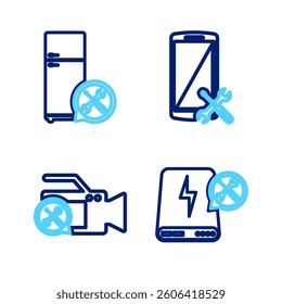Set line Power bank service, Video camera, Smartphone and Refrigerator icon. Vector