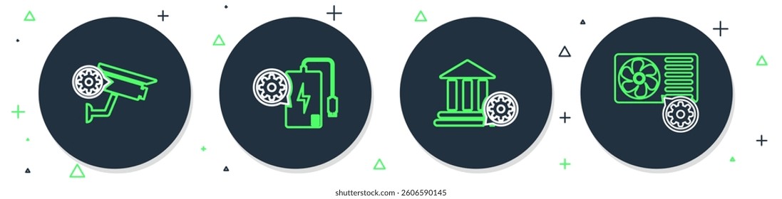 Set line Power bank setting, Bank building, Security camera and Air conditioner icon. Vector