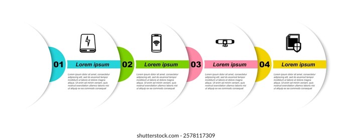 Set line Power bank, Smartphone with wireless, Diploma rolled scroll and Document protection. Business infographic template. Vector