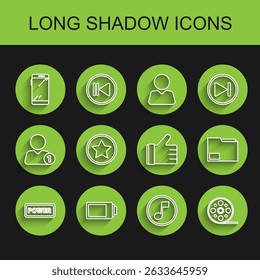 Set line Power button, Battery charge level indicator, Smartphone, mobile phone, Music note, tone, Film reel, Star, Document folder and Hand like icon. Vector