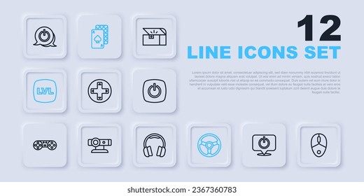 Set line Power button, Computer mouse, Game controller or joystick, Racing simulator, Level game, Web camera, Playing cards and Headphones icon. Vector