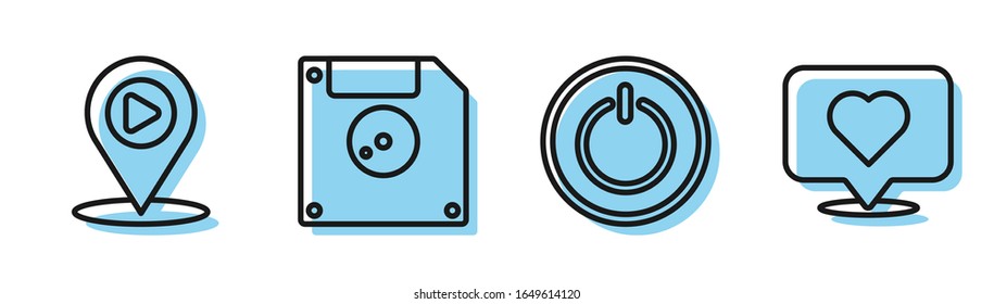 Set line Power button, Digital media play with location, Floppy disk for computer data storage and Like and heart icon. Vector