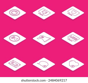 Set line Power Button, Dislike in Speech Bubble, Like and Heart, Rewind, Megaphone, Retro-Audiokassette und Speech-Chat-Symbol. Vektorgrafik