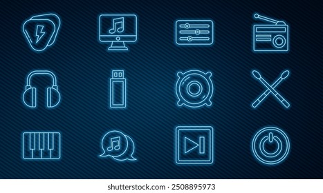 Set line Power button, Drum sticks, Sound mixer controller, USB flash drive, Headphones, Guitar pick, Stereo speaker and Computer with music note icon. Vector