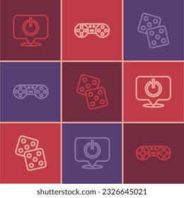 Set line Power button, Game dice and controller or joystick icon. Vector