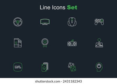 Set line Power button, Game dice, Playing cards, Level game, Joystick for arcade machine, controller joystick, rating with medal and Case of computer icon. Vector