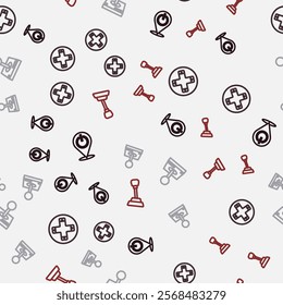 Set line Power button, Game controller or joystick, Joystick for arcade machine and Gear shifter on seamless pattern. Vector