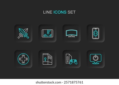 Set line Power button, Game console with joystick, Case of computer, controller or, Mobile gaming, Computer monitor, Portable video game and Sword for icon. Vector