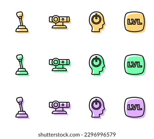 Botón de encendido de línea, selector de velocidades, cámara web e icono de juego Nivel. Vector