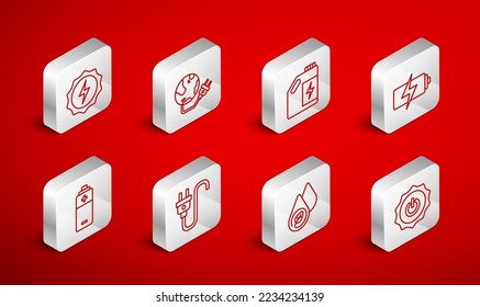 Botón de encendido de línea, Planeta de energía global, cartucho de combustible ecológico, Batería, agua, perno relámpago, enchufe eléctrico e icono. Vector