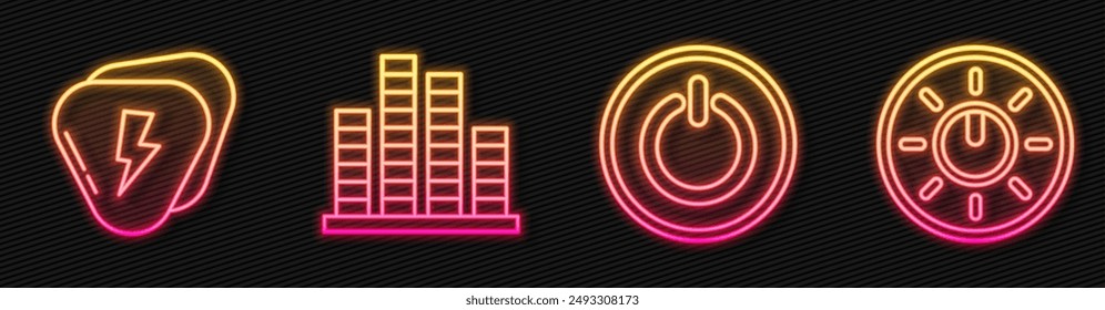 Set line Power button, Guitar pick, Music equalizer and Dial knob level technology settings. Glowing neon icon. Vector