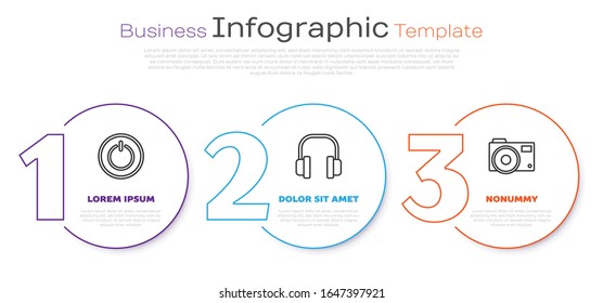 Set line Power button, Headphones and Photo camera. Business infographic template. Vector