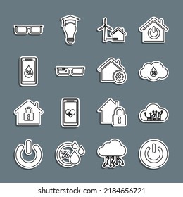 Set line Power button, Internet of things, Humidity, House with wind turbine, Smart glasses, for smart home, Glasses and settings icon. Vector