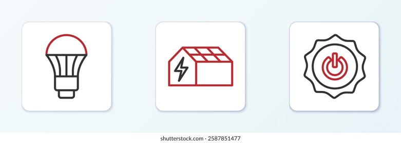 Set line Power button, LED light bulb and Solar energy panel icon. Vector